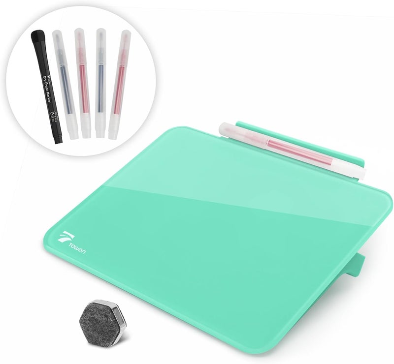 TOWON Mint Green Mini Desktop Pure Glass Whiteboard, Small Slope Slick Desk Whiteboard Glass, Desk White Board, Desktop White Board Dry Erase, Stenography Artifact for Office Homeschooling Décor, 8x6 inch - Image 1